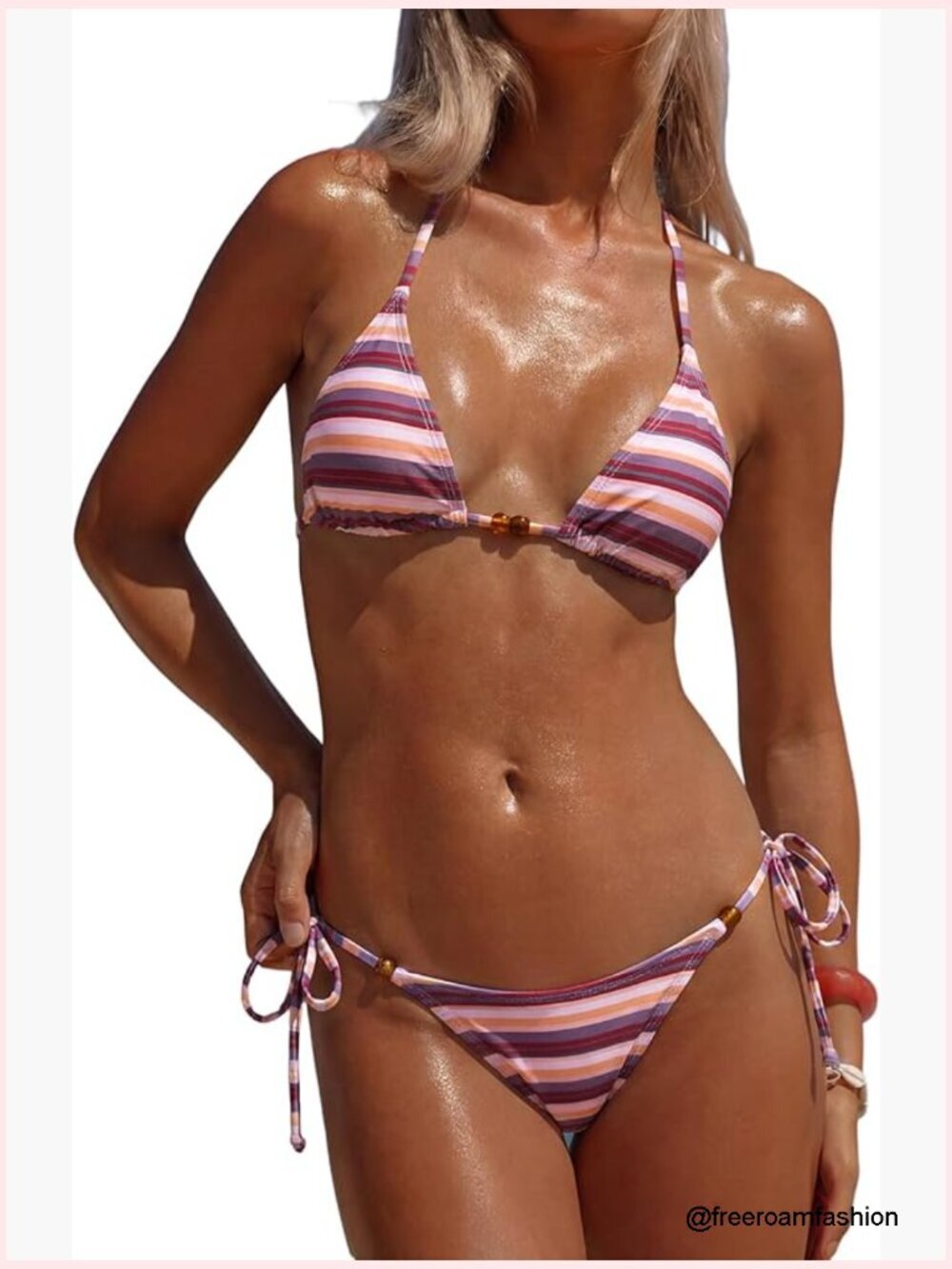 Striped Triangle Thong Micro Bikini Set Halter Swimsuit Women's Size Small